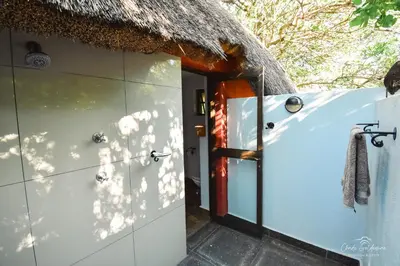 an open door to a thatch roofed house at Mohlabetsi Self Catering Bush Lodge in Balule Game Reserve