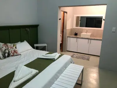 a bedroom with a large bed and a sink at Modern Bush Living in Marloth Park