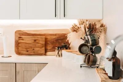 a kitchen with a counter top with a counter top at Chawal stays @ Leguan in Marloth Park