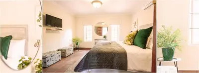 two pictures of a bedroom with a bed and a tv at LilyRose Bed & Breakfast in Pretoria