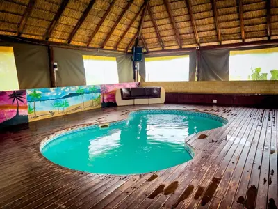 a large swimming pool in a room with a couch at Falcon Lodge Bela Bela in Bela-Bela