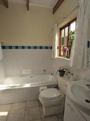 a bathroom with a tub and a toilet and a sink at Petal Faire Cottage in Pretoria