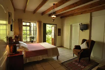 a bedroom with a bed and a chair and a television at Petal Faire Cottage in Pretoria