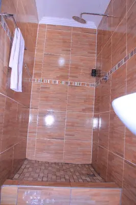a bathroom with a shower with brown tile at Mashaka Ashu Lodge in Dzindi