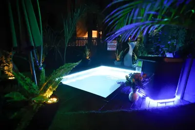 a swimming pool with plants and a vase of flowers at Air-Conditioned, Self-Catering Apartment with Heated Pool Near OR Tambo International Airport in Benoni