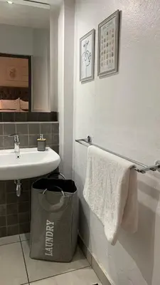 a bathroom with a sink and a towel bag at Forest Hill in Pretoria
