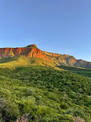 a view of a green field with mountains in the background at umVangati House in Hoedspruit