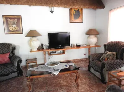 a living room with two couches and a tv at Collin's Rest in Marloth Park