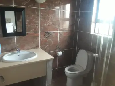 a bathroom with a sink and a toilet and a mirror at Loding Lodge in Loding