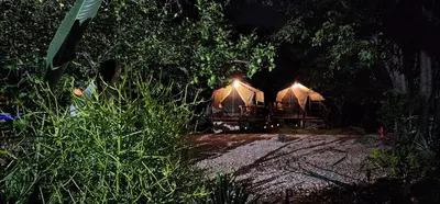 two tents with lights in the trees at night at Tot Hier Toe in Phalaborwa