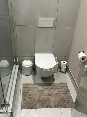 a bathroom with a toilet and a rug at Menlyn Maine Residences 1 bedroom Apartment 505 in Pretoria