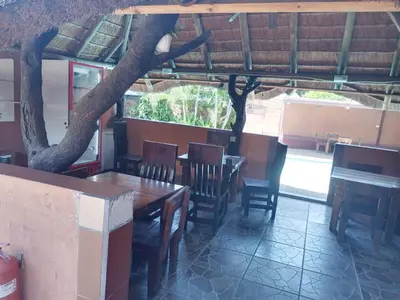 a dining room with tables and chairs and a piano at Butterfly tree guesthouse in Phalaborwa