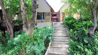a garden with a stone path leading to a house at Blyde Mountain Country House in Hoedspruit
