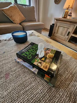 a book sitting on the floor in a living room at Stella Bush Villa in Hoedspruit