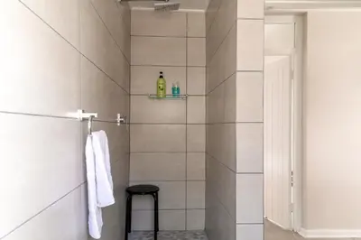 a bathroom with a shower with a stool in it at Fig Tree in Pretoria