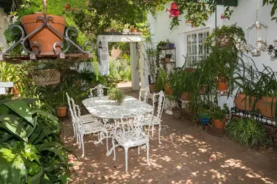 a table and chairs in a garden with plants at Hummingbird in Pretoria