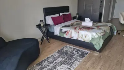 a bedroom with a bed with red pillows and a rug at Ellipse Apartment, Lush Hideaway in Midrand