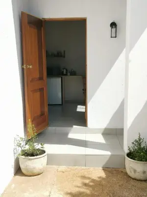 a hallway with a door and two potted plants at Stay@Opstal in Pretoria