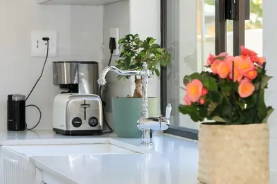 a kitchen counter with a sink and flowers on it at Kirrin Cottage in Benoni in Benoni