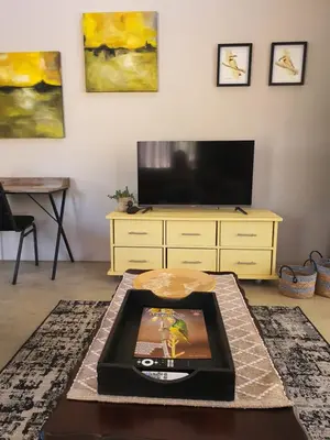 a living room with a tv and a coffee table at The Bird House in Kampersrus AH