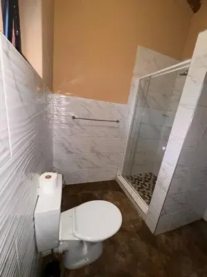 a bathroom with a toilet and a shower at Falcon Lodge (ET) in Bela-Bela