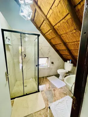 a bathroom with a glass shower and a toilet at Pretoria Mansion Boutique Hotel Coral Tree in Pretoria