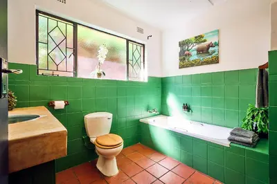 a green bathroom with a toilet and a bath tub at Parsons River Camp in Balule Game Reserve