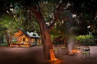 a man standing in front of a tree with a campfire at Hutwini Walking Camp by RETURN Africa in Makuleke Contract Park
