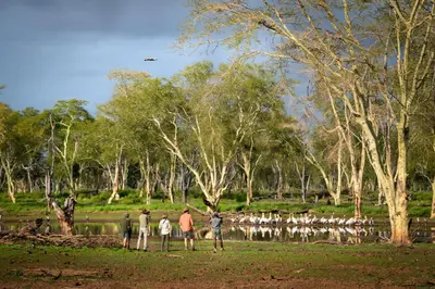 a group of people standing around a lake with birds at Hutwini Walking Camp by RETURN Africa in Makuleke Contract Park
