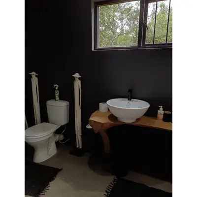 a bathroom with a toilet and a sink and a window at The Nest - Marloth Park in Marloth Park