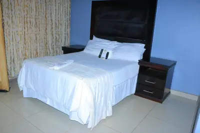 a bedroom with a white bed with a black headboard at ZWIZWO Guest House in Thohoyandou