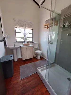 a bathroom with a shower and a toilet and a sink at Nyala Bush Cabin in Polokwane