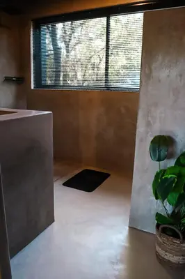 a room with a large window and a potted plant at Shongololo Bush Villa in Marloth Park