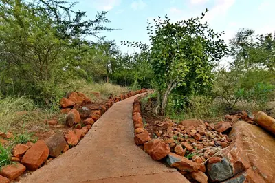 a brick retaining wall next to a dirt road at SleepOver Punda Maria Gate in Punda Maria
