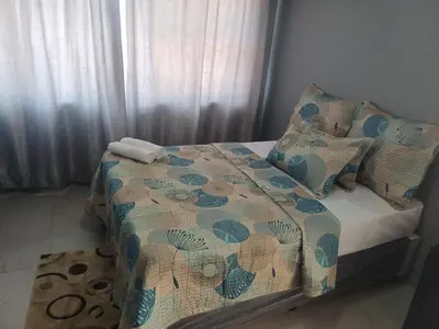 a bedroom with a bed with a blanket and pillows at Kempton Park Lodge Birch Acres Kempton Park in Kempton Park