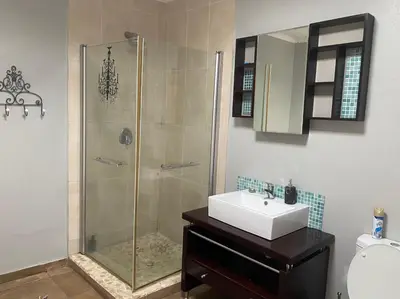 a bathroom with a shower and a sink at Waterkloof Glen Guest House in Pretoria