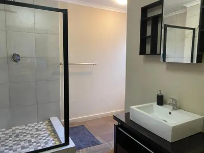 a bathroom with a white sink and a shower at Waterkloof Glen Guest House in Pretoria
