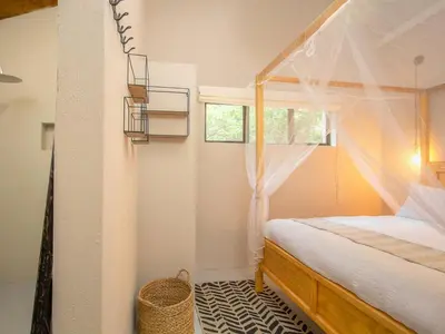 a bedroom with a canopy bed and a window at Monkeys Tail in Marloth Park