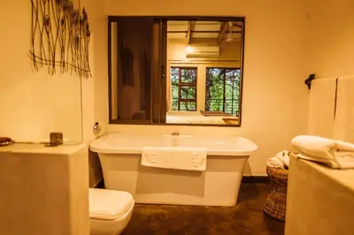 a bathroom with a tub and a toilet and a mirror at Bushveld Terrace Safari Hotel, Lodge & Spa in Phalaborwa