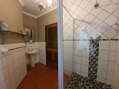 a bathroom with a shower and a sink at Waterhouse Guest Lodge - Indus Street in Pretoria
