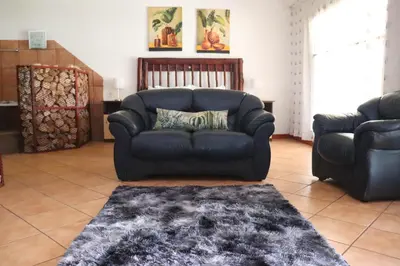 a living room with a leather couch and a rug at Umnotho We Afrika House in Erasmus