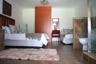 a bedroom with a bed and a sink and a mirror at Umnotho We Afrika House in Erasmus