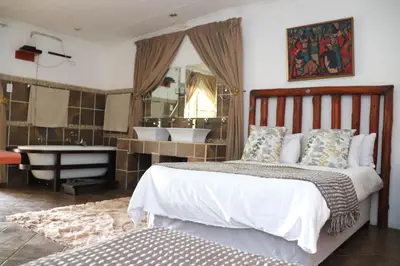 a bedroom with a bed and a tub and a sink at Umnotho We Afrika House in Erasmus