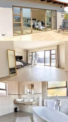 two pictures of a bathroom with a tub and a bedroom at Modern 5BR Villa - Golf Course - Pecanwood Estate in Hartbeespoort