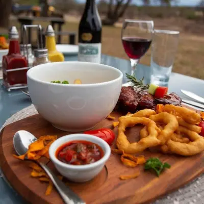 a plate of food with onion rings and a bowl of sauce at Africa Self Catering Chalets - Manyeleti in Manyeleti Game Reserve