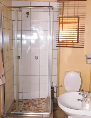 a bathroom with a shower and a toilet and a sink at Africa Self Catering Chalets - Manyeleti in Manyeleti Game Reserve