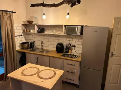 a small kitchen with a counter and a refrigerator at Tree Symphony in Marloth Park