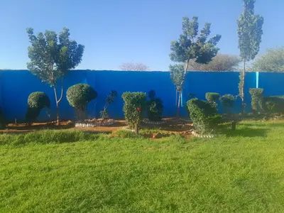 a blue wall with trees and bushes in a field at Letz Guest Lodge in Bochum
