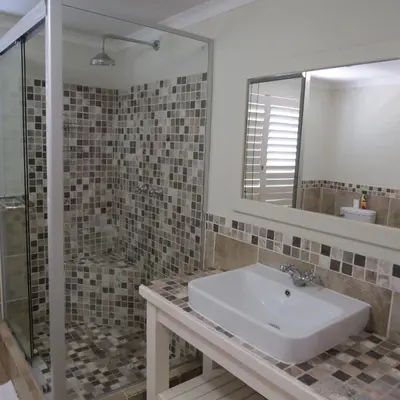 a bathroom with a sink and a shower at Arum Lily Eloff in Delmas