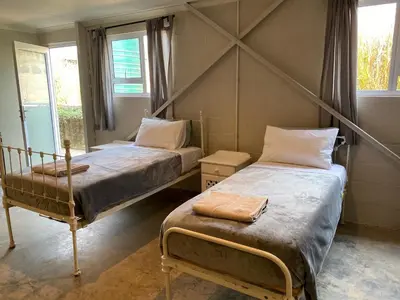 a bedroom with two beds and a window at The Bed in the Shed in Alkmaar